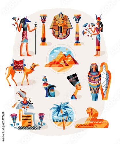 Ancient Egypt art history set. Egyptian symbols, gods, landscape vector illustration. Pharaoh, Nefertiti statue, Anubis, Sphynx, pyramids in desert, mummy. Mythology elements