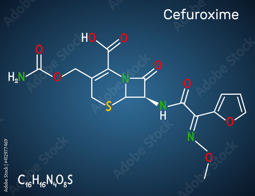 Cefuroxime molecule. It is second-generation cephalosporin antibiotic for the treatment of pneumonia, meningitis, otitis media, sepsis. Dark blue background