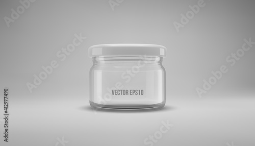 Small glass jam jar with a lid. A transparent jar with a white lid. Realistic 3D illustration. Vector