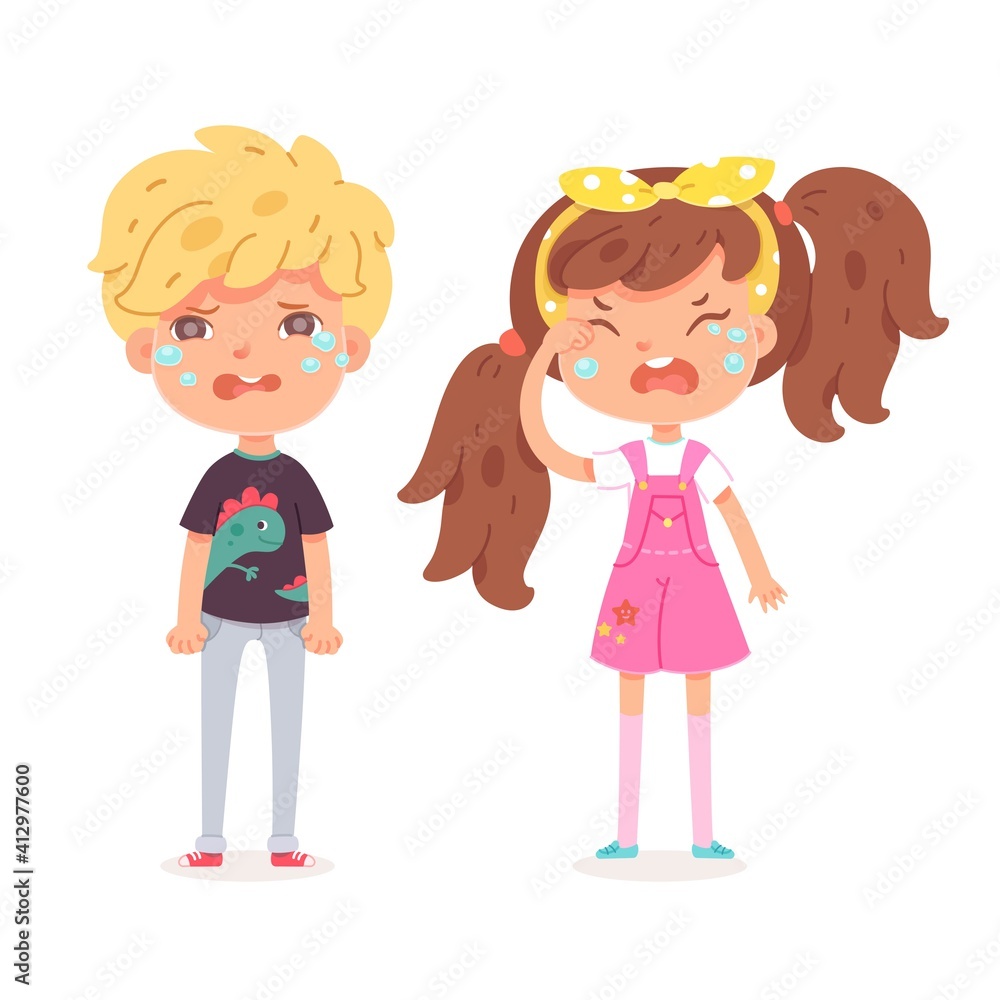 Sad girl and boy crying covering his face with hands. Isolated persons on white background. Vector character illustration of children gestures, emotions, types of moods. Sad girl and boy crying covering his face with hands. Isolated persons on white background. Vector character illustration of children gestures, emotions, types of moods.