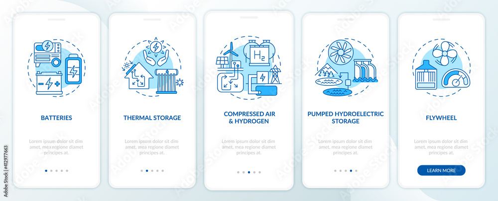 Pumped hydroelectric storage onboarding mobile app page screen with concepts. Thermal storage walkthrough 5 steps graphic instructions. UI vector template with RGB color illustrations