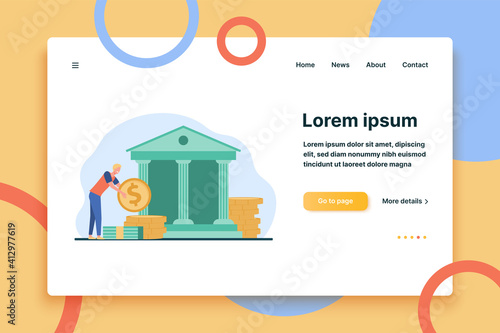 Man getting a loan. Bank building, saving, cash flat vector illustration. Finance, money, banking concept for banner, website design or landing web page