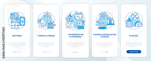 Pumped hydroelectric storage onboarding mobile app page screen with concepts. Thermal storage walkthrough 5 steps graphic instructions. UI vector template with RGB color illustrations