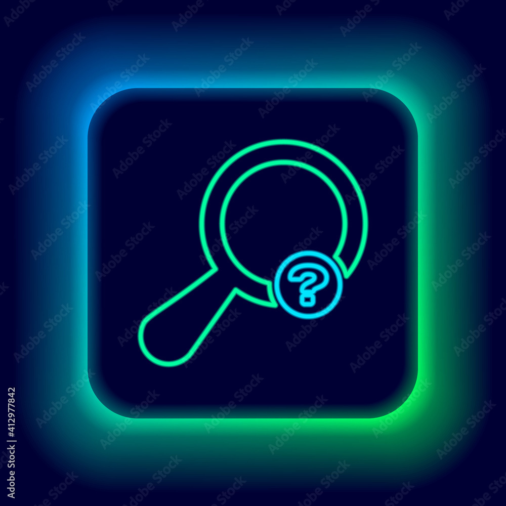 Glowing neon line Unknown search icon isolated on black background. Magnifying glass and question mark. Colorful outline concept. Vector. Glowing neon line Unknown search icon isolated on black background. Magnifying glass and question mark. Colorful outline concept. Vector.