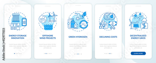 Offshore wind projects onboarding mobile app page screen with concepts. Energy storage innovation walkthrough 5 steps graphic instructions. UI vector template with RGB color illustrations