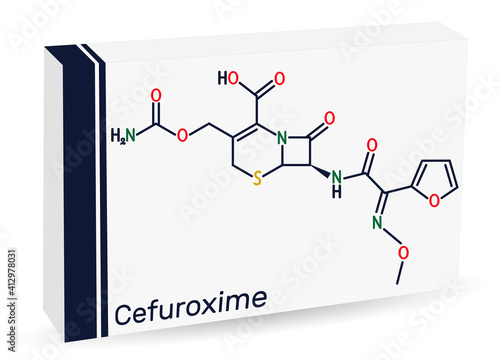 Cefuroxime molecule. It is second-generation cephalosporin antibiotic for the treatment of pneumonia, meningitis, otitis media, sepsis. Paper packaging for drugs photo