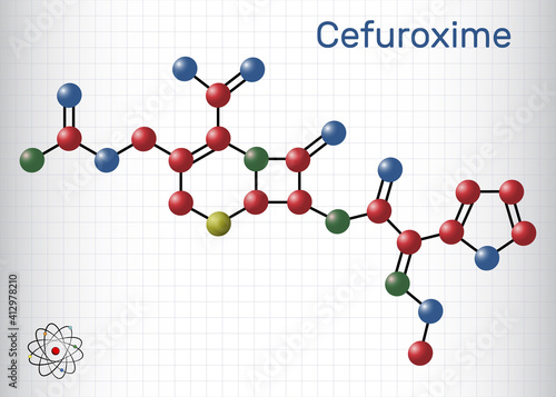 Cefuroxime molecule. It is second-generation cephalosporin antibiotic for the treatment of pneumonia, meningitis, otitis media, sepsis. Sheet of paper in a cage