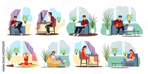 Young man and woman working and resting at home set. Girl and boy with computers, guy playing guitar, girl doing yoga. Weekend activities indoor vector illustration. Remote workplace