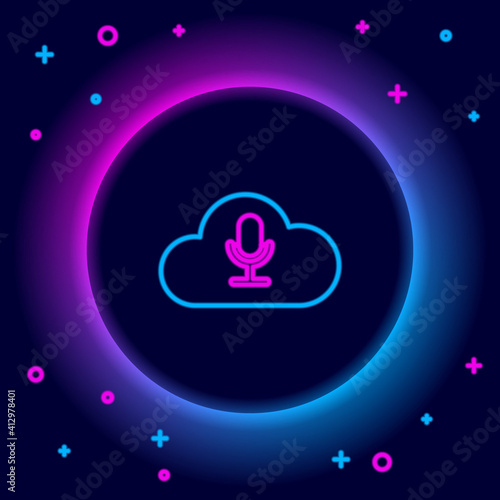 Glowing neon line Music streaming service icon isolated on black background. Sound cloud computing, online media streaming, online song, audio wave. Colorful outline concept. Vector.