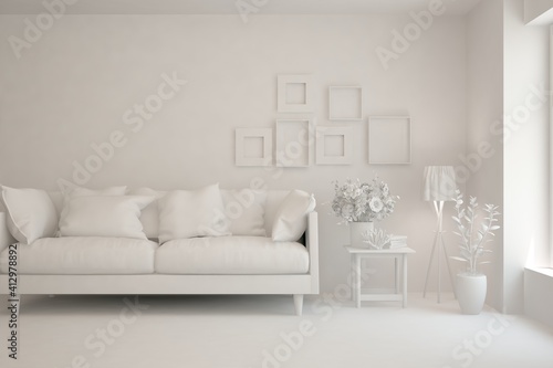 White minimalist living room with sofa. Scandinavian interior design. 3D illustration