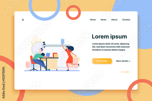 Lazy office worker. Man sleeping at workplace, colleague with paper running to him flat vector illustration. Burnout, fatigue, tired employee concept for banner, website design or landing web page
