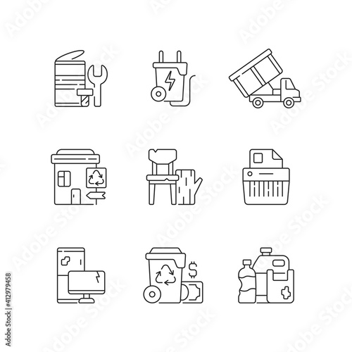 Garbage collection linear icons set. Metal waste. Energy-from-waste. Open-top dumpster. E-waste. Customizable thin line contour symbols. Isolated vector outline illustrations. Editable stroke