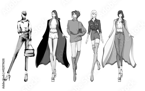 Beautiful young women in modern style.. Hand drawn stylish woman portrait. Fashion lady. Sketch set. Fashion model posing in coat. Hand drawn fashion woman.