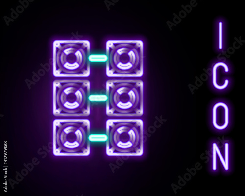 Glowing neon line Mining farm icon isolated on black background. Cryptocurrency mining, blockchain technology, bitcoin, digital money market, cryptocoin wallet. Colorful outline concept. Vector.