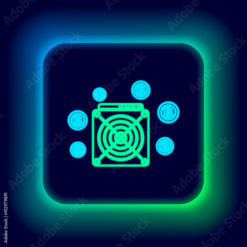 Glowing neon line ASIC Miner icon isolated on black background. Cryptocurrency mining equipment and hardware. Application specific integrated circuit. Colorful outline concept. Vector.
