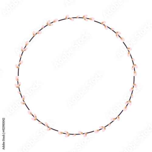 Willow wreath. Round frame made of willow twigs.Easter wreath made of willow stalks.Design for postcards, printing.