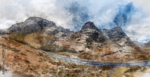 Digital watercolor painting of Majestic moody landscape image of Three Sisters in Glencoe in Scottish Highlands on a wet Winter day wit high water running down mountains