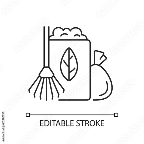 Yard waste collection linear icon. Organic waste from residential lawns, gardens. Grass clippings. Thin line customizable illustration. Contour symbol. Vector isolated outline drawing. Editable stroke