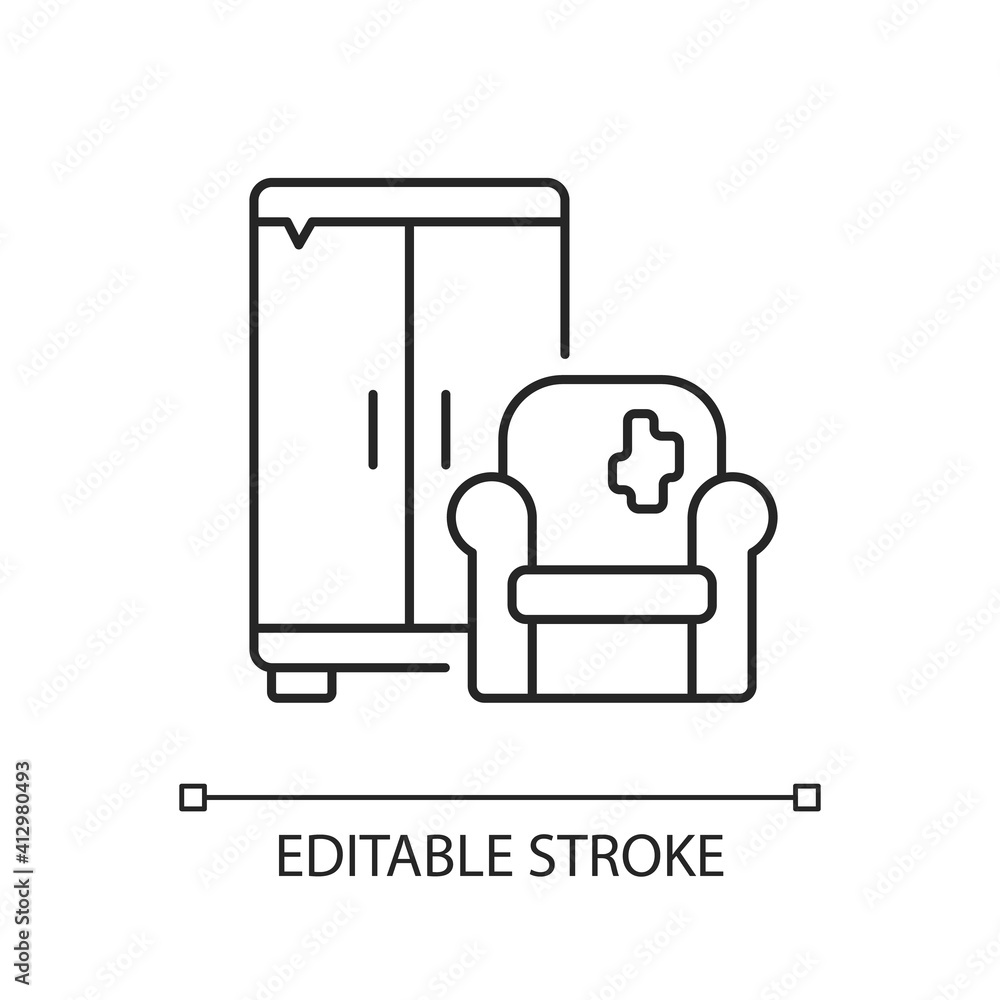 Bulky waste pick up linear icon. Bulky refuse. Large waste types. Household appliances. Furniture. Thin line customizable illustration. Contour symbol. Vector isolated outline drawing. Editable stroke Bulky waste pick up linear icon. Bulky refuse. Large waste types. Household appliances. Furniture. Thin line customizable illustration. Contour symbol. Vector isolated outline drawing. Editable stroke