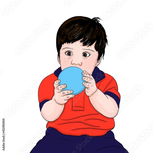 Cartoon of a little boy in a red shirt and blue pants playing with a light blue ball with a funny expression on a white background.