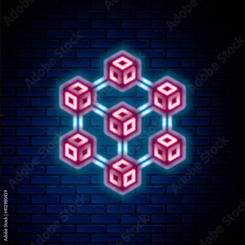 Glowing neon line Blockchain technology icon isolated on brick wall background. Cryptocurrency data. Abstract geometric block chain network technology business. Colorful outline concept. Vector.