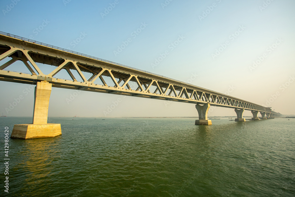 Obraz premium Bangladesh – February 06, 2021: A new PADMA Multipurpose Bridge is being constructed over the river Padma at Munshiganj, Dhaka, Bangladesh.