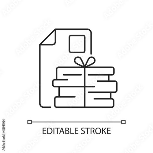 Waste paper linear icon. Paper recycling. Paperboard, cardboard products. Napkins and towels. Thin line customizable illustration. Contour symbol. Vector isolated outline drawing. Editable stroke