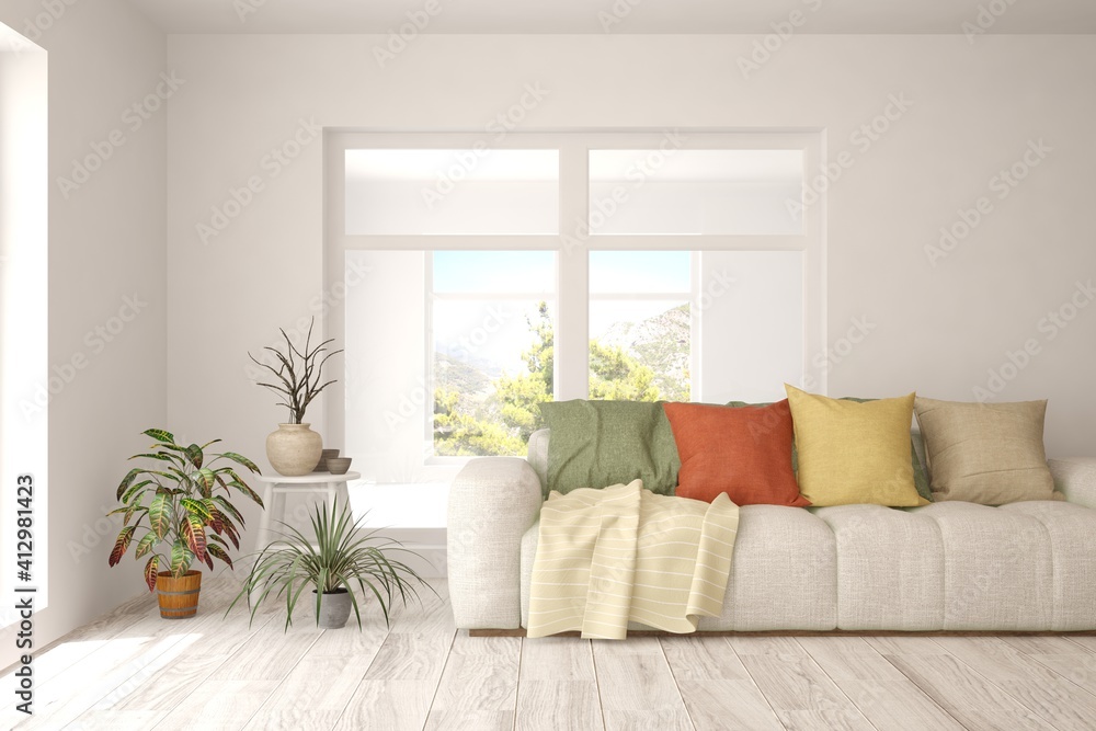 Naklejka premium White living room with sofa. Scandinavian interior design. 3D illustration