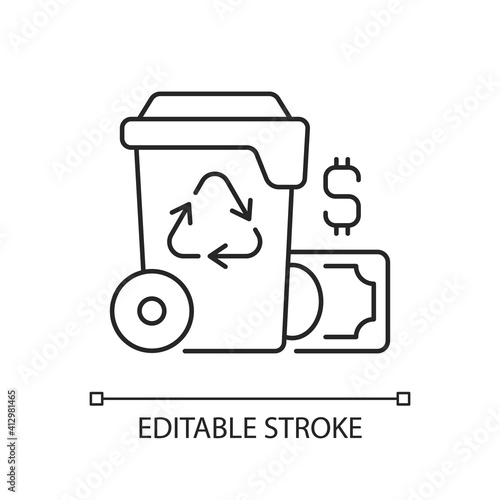 Waste management cost linear icon. Recycling waste costs. Source reduction. Financing, services. Thin line customizable illustration. Contour symbol. Vector isolated outline drawing. Editable stroke
