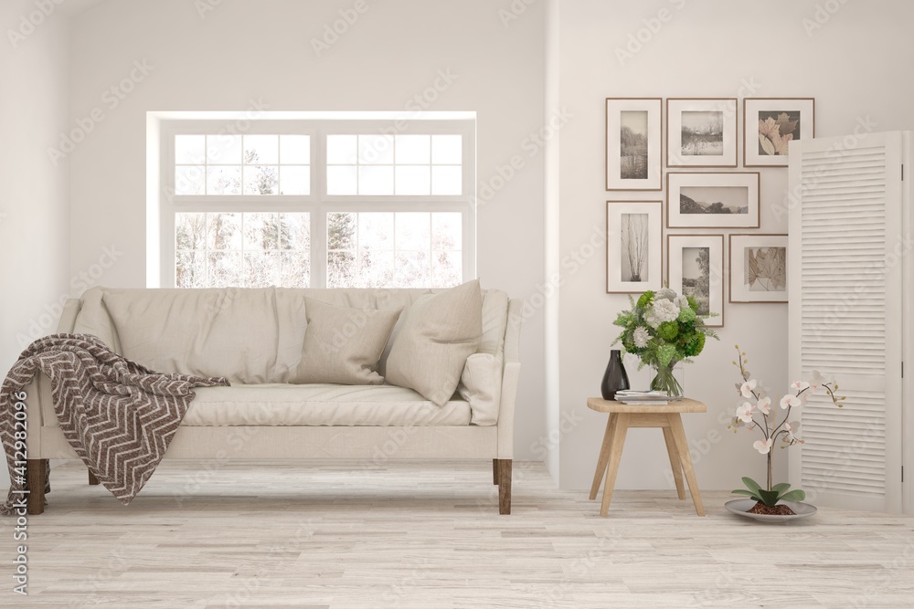 Fototapeta premium White living room with sofa. Scandinavian interior design. 3D illustration