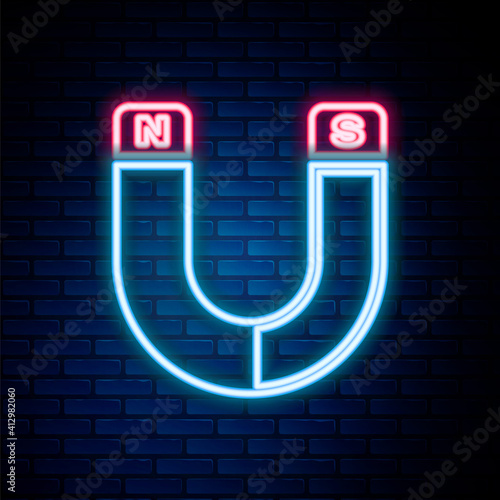 Glowing neon line Magnet icon isolated on brick wall background. Horseshoe magnet, magnetism, magnetize, attraction sign. Colorful outline concept. Vector.