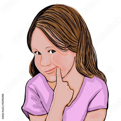 Cartoon of a cute little girl with light brown hair wearing a pink shirt depicted with a funny forced smile on a white background.