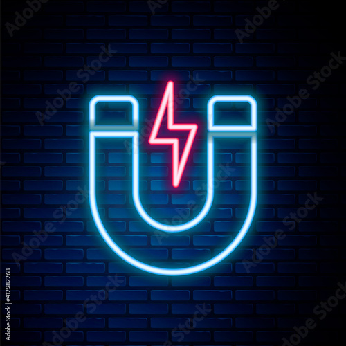 Glowing neon line Magnet with lightning icon isolated on brick wall background. Horseshoe magnet, magnetism, magnetize, attraction sign. Colorful outline concept. Vector.