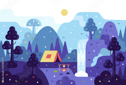 Vector cartoon panorama illustration, background for summer camp, nature tourism, camping or hiking design concept