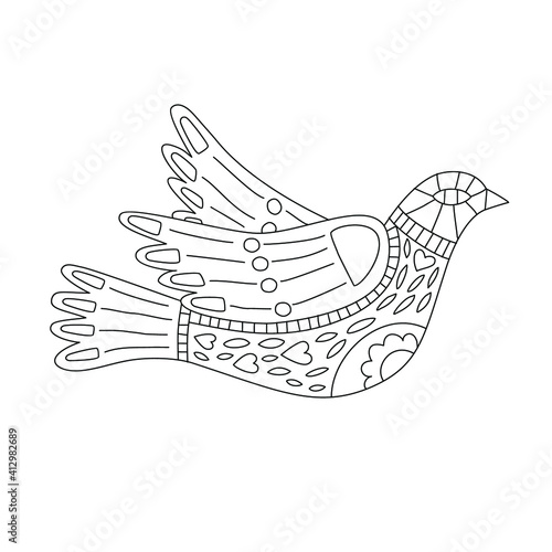 Coloring bird with patterns. Black and white. In folk style.