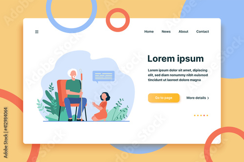 Little girl sitting on floor and speaking with grandfather. Dialog, grandchild, elderly flat vector illustration. Retirement or communication concept for banner, website design or landing web page