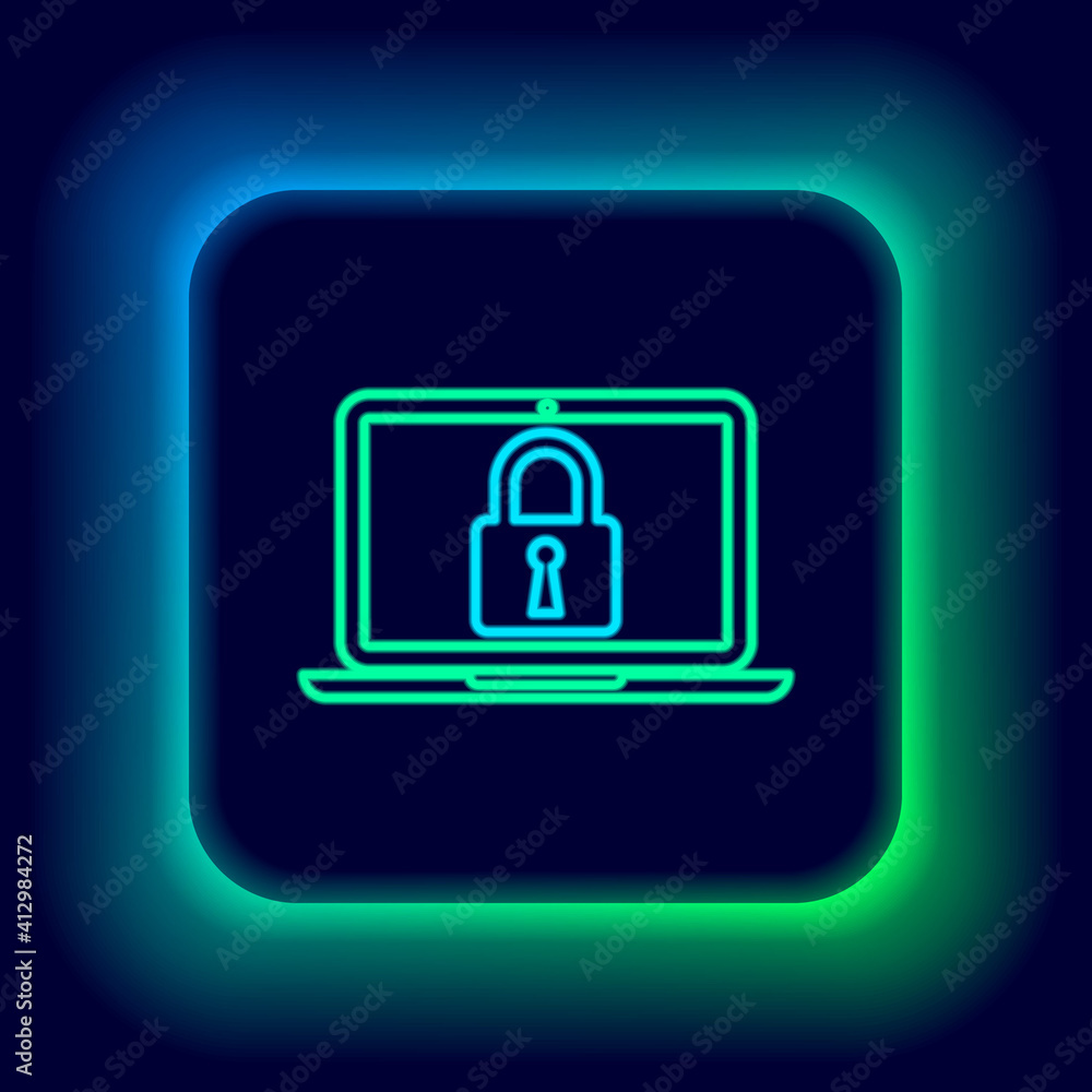 Glowing neon line Laptop and lock icon isolated on black background. Computer and padlock. Security, safety, protection concept. Safe internetwork. Colorful outline concept. Vector. Glowing neon line Laptop and lock icon isolated on black background. Computer and padlock. Security, safety, protection concept. Safe internetwork. Colorful outline concept. Vector.