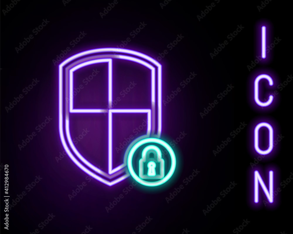 Glowing neon line Shield security with lock icon isolated on black background. Protection, safety, password security. Firewall access privacy sign. Colorful outline concept. Vector. Glowing neon line Shield security with lock icon isolated on black background. Protection, safety, password security. Firewall access privacy sign. Colorful outline concept. Vector.