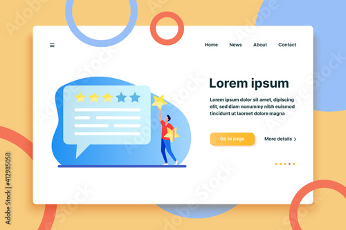 Online customer feedback. Man applying rate stars to chat bubble flat vector illustration. Marketing, satisfaction, evaluation concept for banner, website design or landing web page