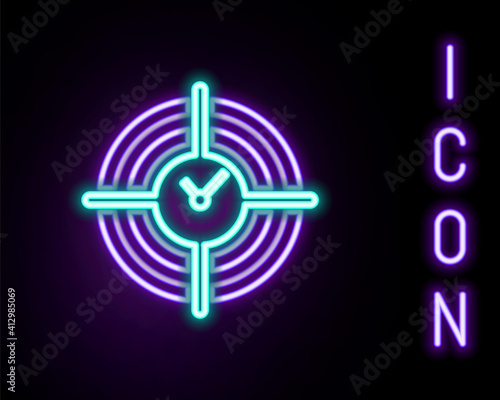 Glowing neon line Time Management icon isolated on black background. Clock and gear sign. Productivity symbol. Colorful outline concept. Vector.