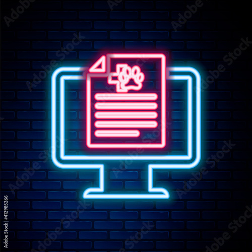 Glowing neon line Medical clinical record pet on monitor icon isolated on brick wall background. Health insurance form. Prescription, medical check marks report. Colorful outline concept. Vector.