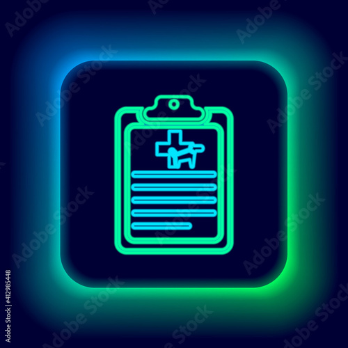 Glowing neon line Clipboard with medical clinical record pet icon isolated on black background. Health insurance form. Medical check marks report. Colorful outline concept. Vector.