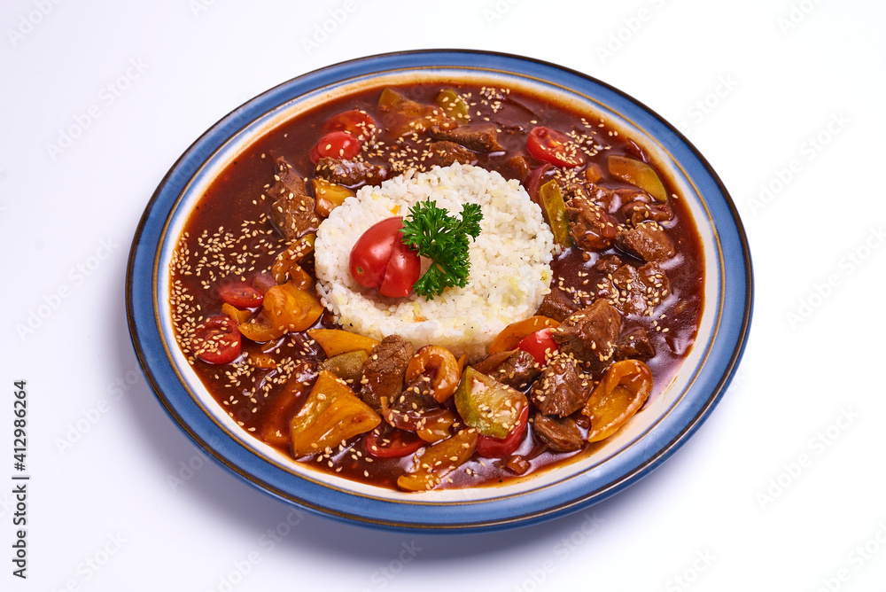 stewed meat with vegetables and boiled rice, on isolate stewed meat with vegetables and boiled rice, on isolate