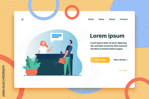 Hospital receptionist pointing at man without mask. Nurse, patient, quarantine flat vector illustration. Medicine and pandemic concept for banner, website design or landing web page