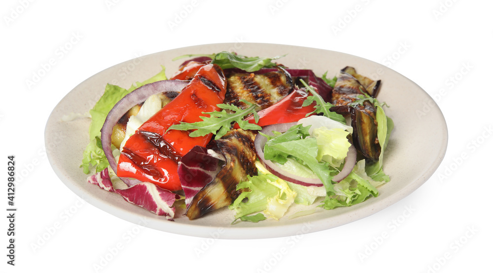 Delicious salad with roasted eggplant and arugula isolated on white Delicious salad with roasted eggplant and arugula isolated on white