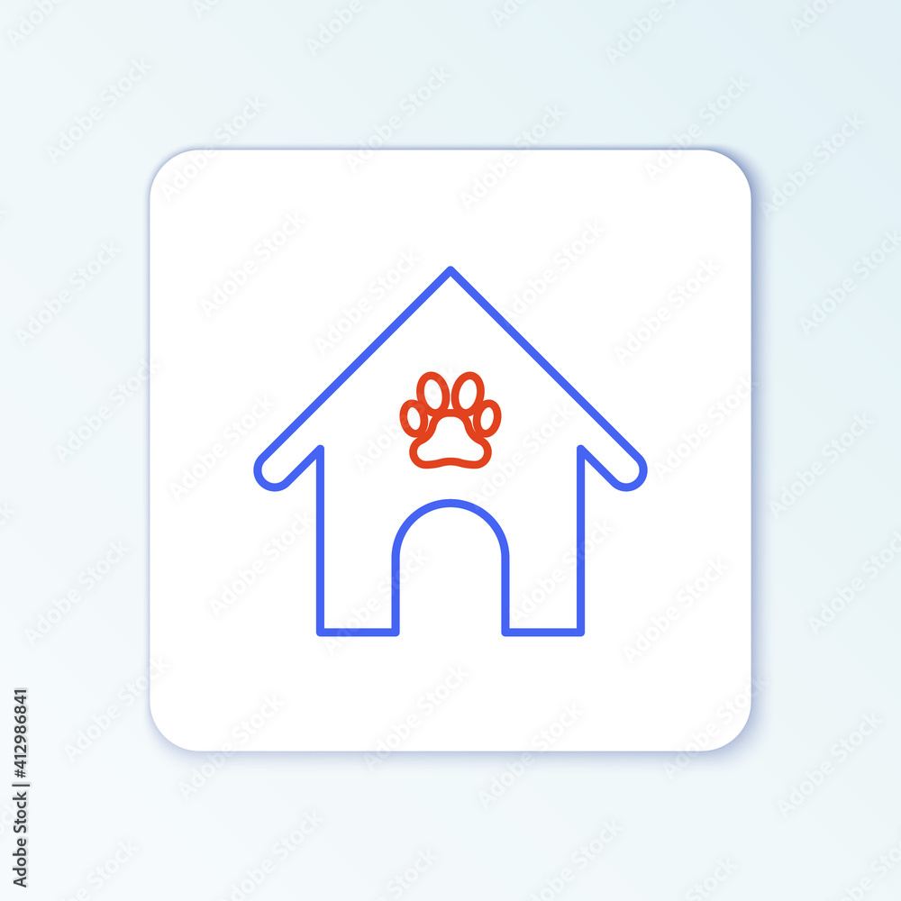 Line Dog house and paw print pet icon isolated on white background. Dog kennel. Colorful outline concept. Vector. Line Dog house and paw print pet icon isolated on white background. Dog kennel. Colorful outline concept. Vector.