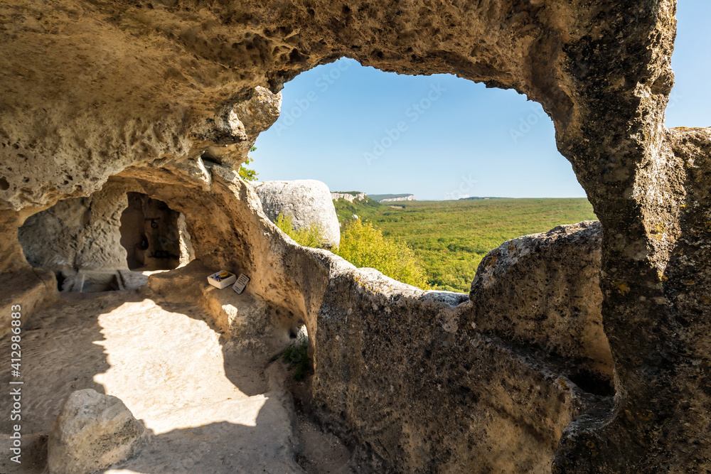 Eski-Kermen is an ancient cave town in Crimea. View inside cave.