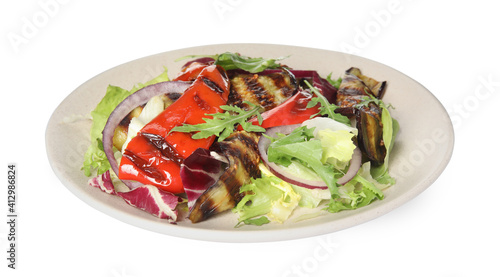 Delicious salad with roasted eggplant and arugula isolated on white