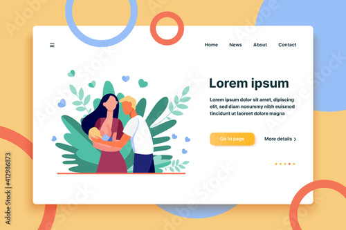New mother breastfeeding child. Dad holding baby flat vector illustration. New parents, motherhood, parenthood, postnatal care concept for banner, website design or landing web page