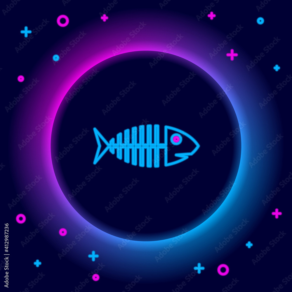 Glowing neon line Fish skeleton icon isolated on black background. Fish bone sign. Colorful outline concept. Vector. Glowing neon line Fish skeleton icon isolated on black background. Fish bone sign. Colorful outline concept. Vector.